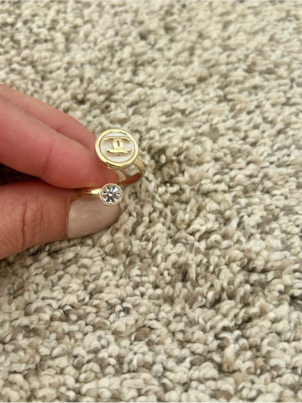 Fashion Jewelry Gold Ring with Logo Medallion and Clear Stone